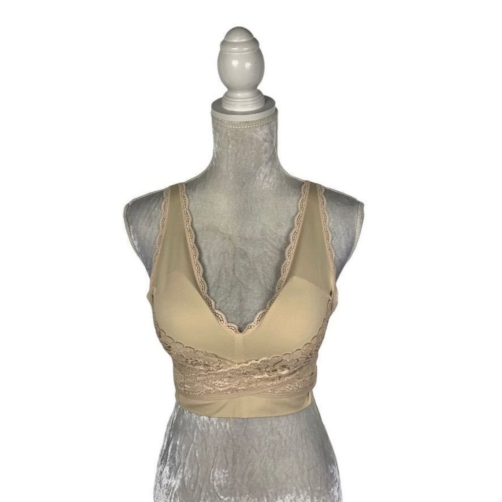 Cara Mia Crossover Bra Nude Beige Padded Lace Pullover Comfort Stretch‎ 1X
